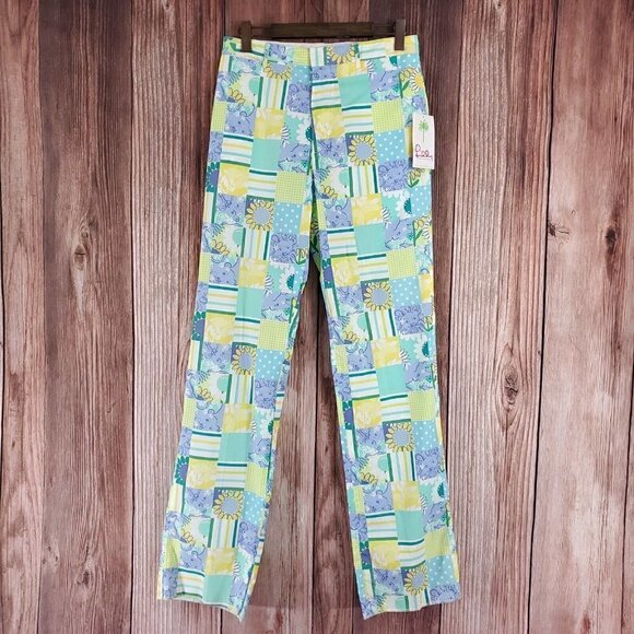NWT Vintage Lilly Pulitzer Mens Miller Pant Size 32 Multi Trophy Patch Unhemmed - Picture 1 of 11
